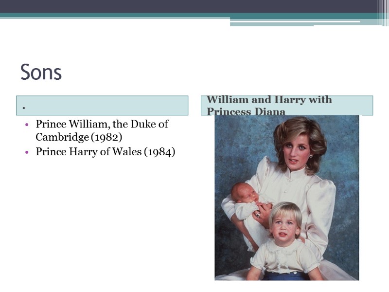 Sons . William and Harry with Princess Diana Prince William, the Duke of Cambridge